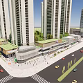 Modern Commercial Street With High Rise Buildings Shopping Mall Pedestrians And Vehicles