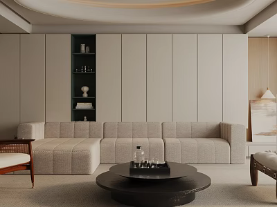 Modern Living Room Interior With Beige L-shaped Sofa And Black Round Coffee Table 3d model