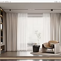 Beige Sheer Curtain In Living Room With Wooden Bookshelf Single Sofa And Green Plant