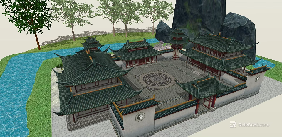 Traditional Chinese Ancient Architecture With Green Tiled Roofs Courtyard Pond And Stone Mountains 3d model 