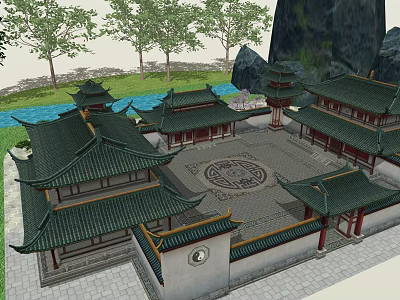 Traditional Chinese Ancient Architecture With Green Tiled Roofs Courtyard Pond And Stone Mountains 3d model