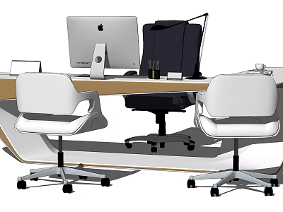 Modern Office Desk With Computer Monitor Black Office Chair And White Visitor Chairs 3d model