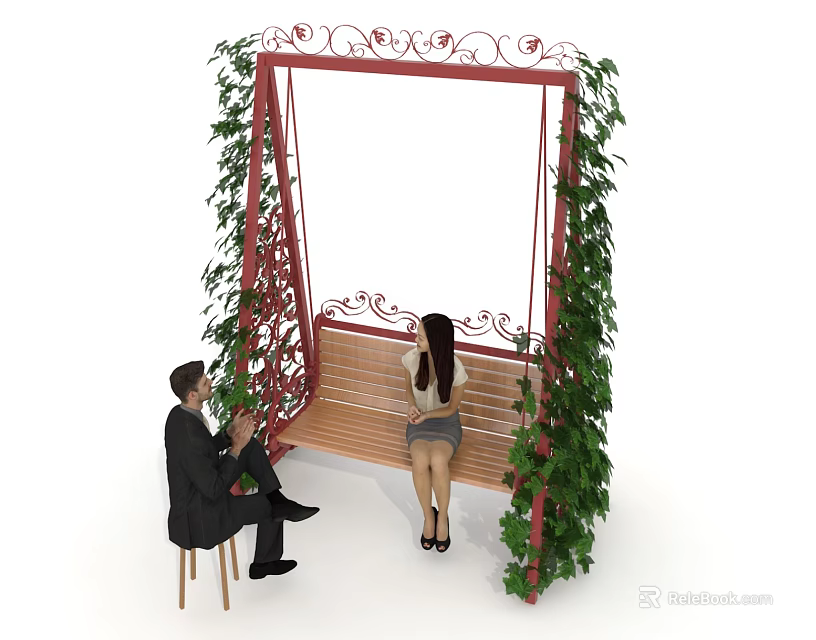 Wooden Swing Chair With Red Iron Frame And Hanging Green Vines For Outdoor Leisure 3d model 
