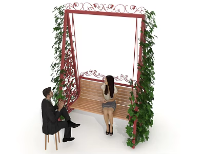 Wooden Swing Chair With Red Iron Frame And Hanging Green Vines For Outdoor Leisure 3d model
