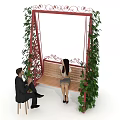 Wooden Swing Chair With Red Iron Frame And Hanging Green Vines For Outdoor Leisure