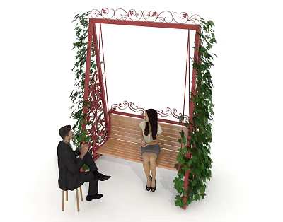 Wooden Swing Chair With Red Iron Frame And Hanging Green Vines For Outdoor Leisure 3d model
