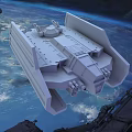 Futuristic Spaceship Flying Above Earth With Green Glowing Windows And Metallic Structure