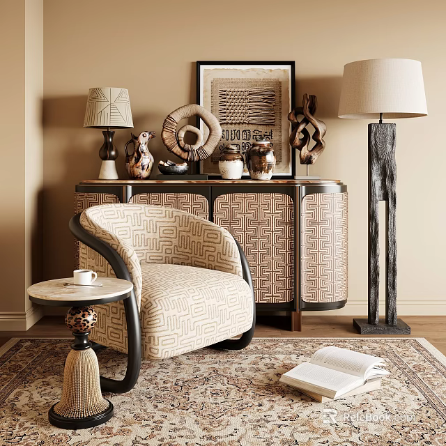 Elegant Entryway Cabinet Sideboard With Art Decor Accent Chair Floor Lamp And Rug 3d model 