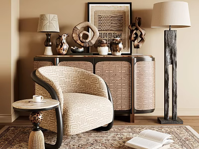 Elegant Entryway Cabinet Sideboard With Art Decor Accent Chair Floor Lamp And Rug 3d model