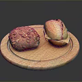 Fresh Homemade Breads on Wooden Round Tray One with Pumpkin Seeds and Sliced with Cheese
