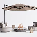 Outdoor Sofa Set Featuring Round Fire Pit Table Beige Canopy Umbrella And Lanterns 3d model