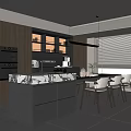 Modern Restaurant Interior With Open Kitchen Marble Island Counter Dining Table And Chairs