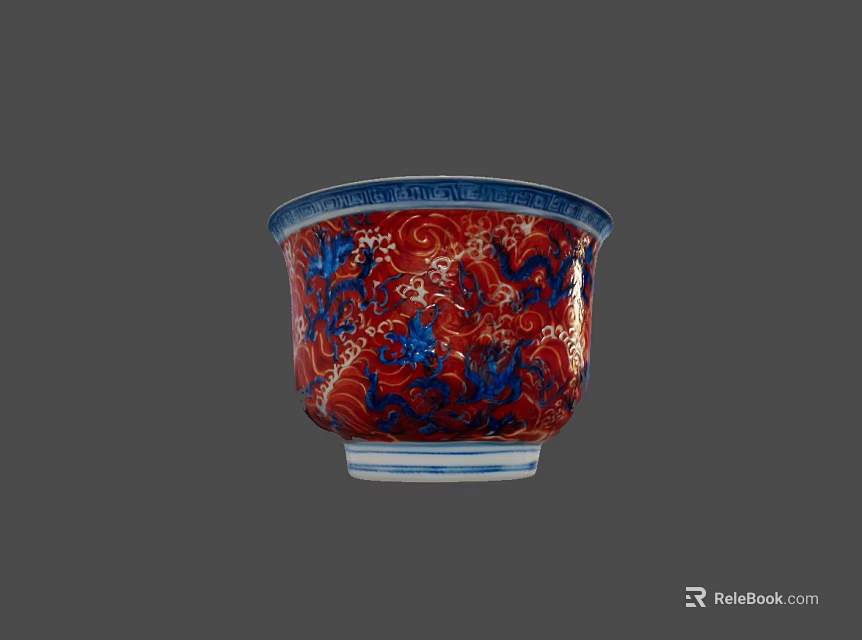 Traditional Ceramic Bowl With Red Blue Dragon And Wave Patterns 3d model 