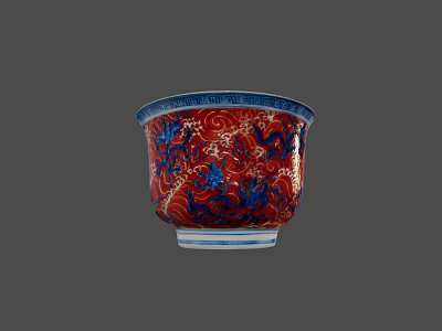 Traditional Ceramic Bowl With Red Blue Dragon And Wave Patterns 3d model