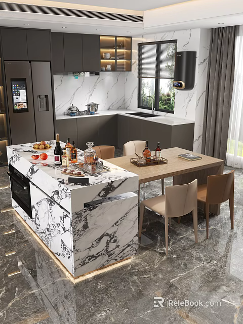 Modern Kitchen Interior With Marble Island Countertop Dining Table Chairs And Cabinets 3d model