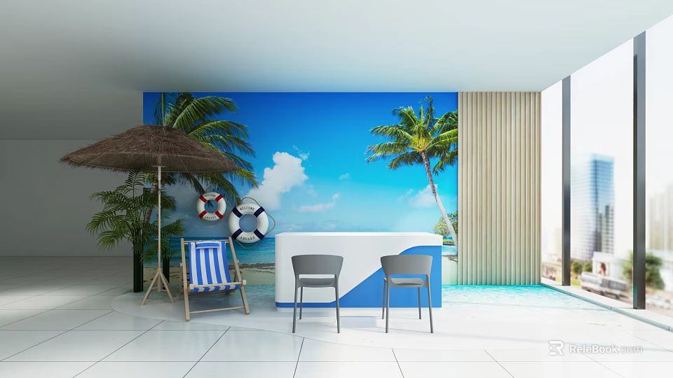 Tropical Themed Mall Kiosk with Blue Backdrop Palm Trees White Counter and Gray Chairs 3d model 