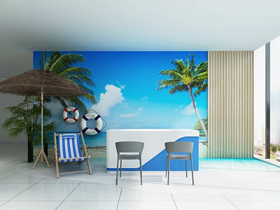 Tropical Themed Mall Kiosk with Blue Backdrop Palm Trees White Counter and Gray Chairs 3d model