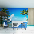 Tropical Themed Mall Kiosk with Blue Backdrop Palm Trees White Counter and Gray Chairs
