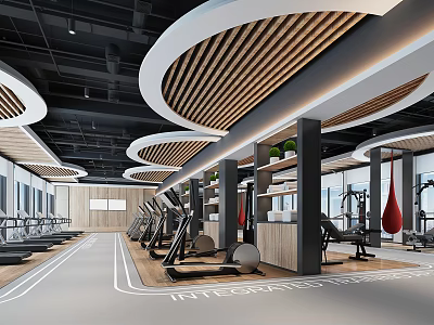 Modern Open Gym Fitness Equipment With Treadmills Exercise Balls Punching Bags Wooden Decor And Large Windows 3d model