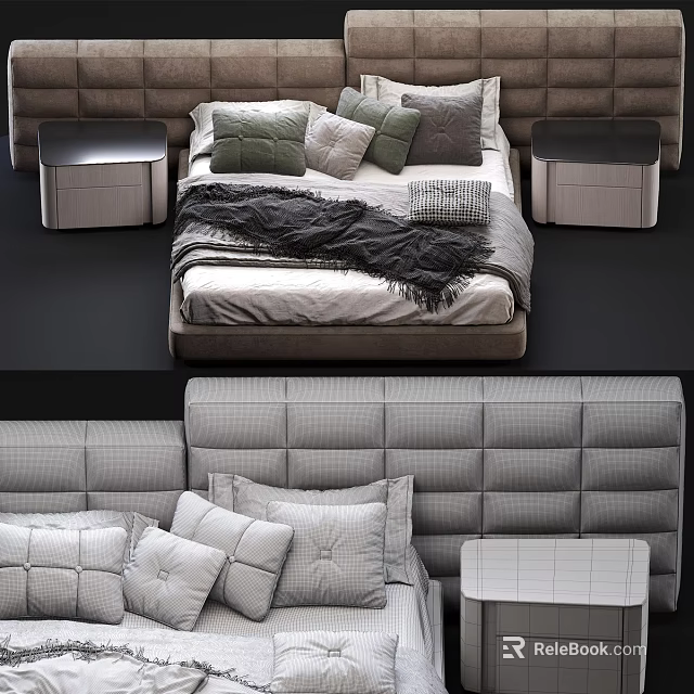 Modern Double Bed With Plush Headboard Decorative Pillows And Bedside Tables 3d model