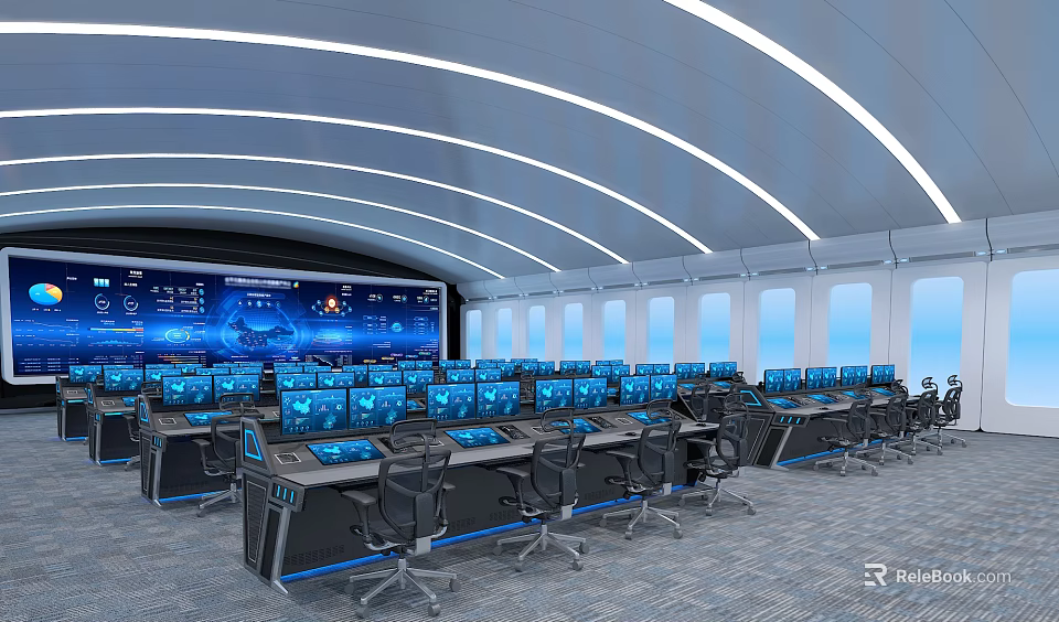 Modern High-Tech Monitoring Room Interior With Control Consoles Multiple Screens And Seats 3d model 