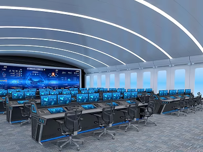 Modern High-Tech Monitoring Room Interior With Control Consoles Multiple Screens And Seats 3d model