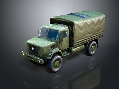 Military Green Army Tank With Canvas Cover And Reflection On Dark Surface 3d model
