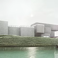 Modern Sales Office Building with Open Terrace and Glass Facade Surrounded by Trees and Lawn