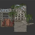 Urban Damaged Building Structures With Platform Trees And Brick Paved Ground