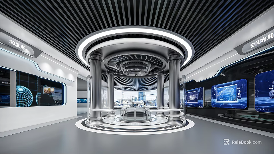 Futuristic Exhibition Hall Interior Featuring Circular Design Metallic Pillars And Digital Screens 3d model 