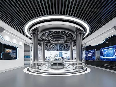 Futuristic Exhibition Hall Interior Featuring Circular Design Metallic Pillars And Digital Screens 3d model