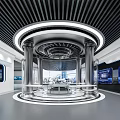 Futuristic Exhibition Hall Interior Featuring Circular Design Metallic Pillars And Digital Screens
