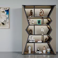 Modern Geometric Bookcase With Decorative Sculptures Books And Neutral Tones Design