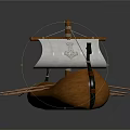 Traditional Wooden Boat With Carved Hull Mast Sail And Rowing Oars