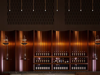 Modern Bar Interior Design With Wooden Panels Wine Racks And Hanging Lights 3d model
