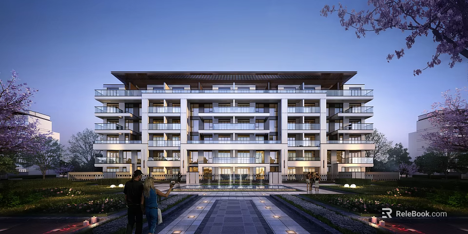 Modern Chinese Style Residential Building With Multiple Floors Balconies Stone Pathway And Landscaped Garden 3d model 
