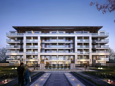 Modern Chinese Style Residential Building With Multiple Floors Balconies Stone Pathway And Landscaped Garden 3d model