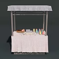 Gray Canopy Display Shelf With Pink Tablecloth And Colorful Items Tray Tools