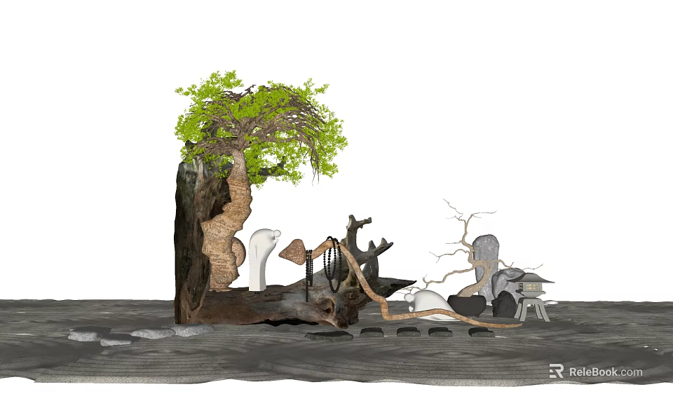 Outdoor Garden Ornament Featuring Tree Trunk Stones And Natural Decorative Pieces 3d model 