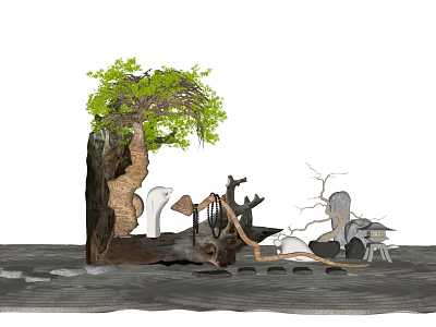 Outdoor Garden Ornament Featuring Tree Trunk Stones And Natural Decorative Pieces 3d model