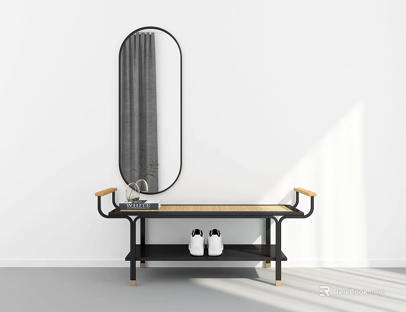 Modern Bathroom Vanity With Oval Mirror Black Frame And Wooden Armrests On Lower Shelf 3d model 