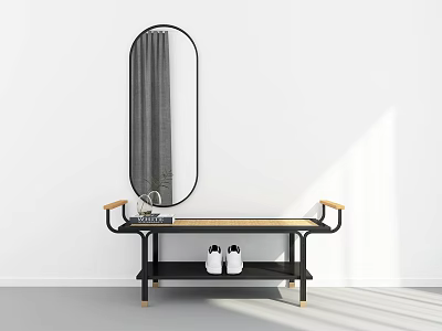 Modern Bathroom Vanity With Oval Mirror Black Frame And Wooden Armrests On Lower Shelf 3d model
