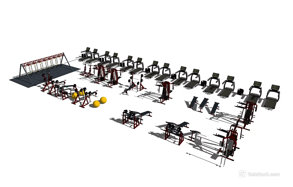 Complete Gym Sports Equipment With Weight Benches Dumbbells And Training Machines 3d model 