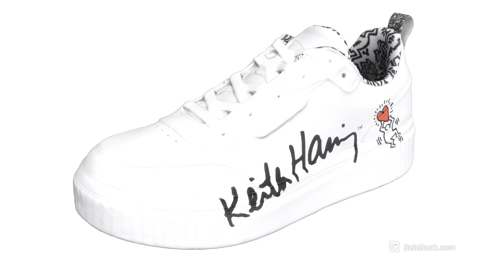 Stylish White Sneakers Showcasing Keith Haring Signature And Red Heart Accent 3d model 