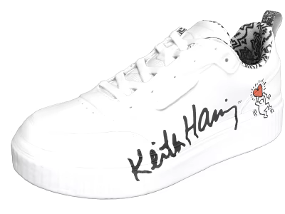Stylish White Sneakers Showcasing Keith Haring Signature And Red Heart Accent 3d model