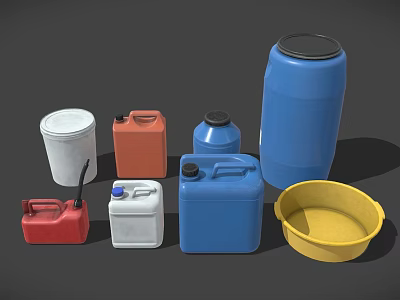 Industrial Equipment Featuring Multiple Colored Plastic Drums and Storage Containers in Different Sizes 3d model