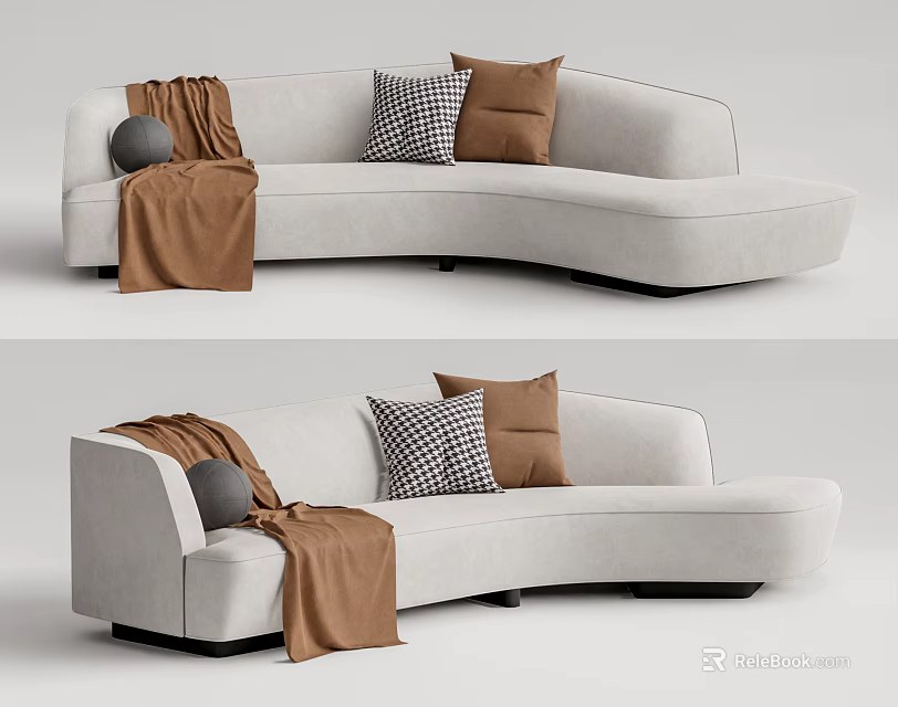 Curved Light Colored Sectional Sofa With Decorative Pillows And Blanket 3d model