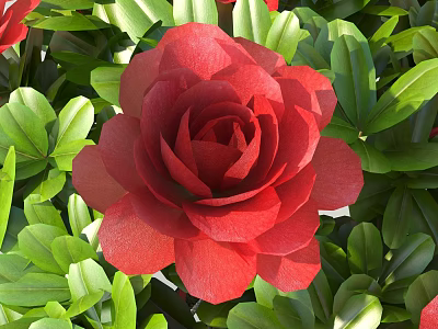 Vibrant Red Flower with Lush Green Leaves in Detailed Natural Close Up 3d model