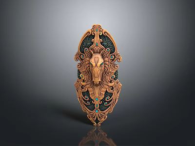 Ornate Bronze Green Shield Featuring Lion Head Carving Intricate Patterns And Gemstone Accents 3d model