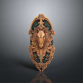 Ornate Bronze Green Shield Featuring Lion Head Carving Intricate Patterns And Gemstone Accents